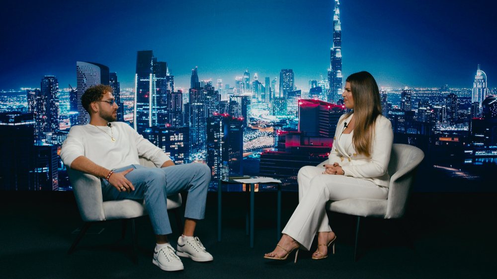 Interview on a night skyline LED world